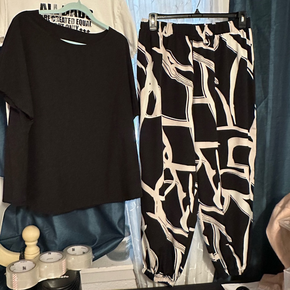Black Top and Abstract Print Pants Set